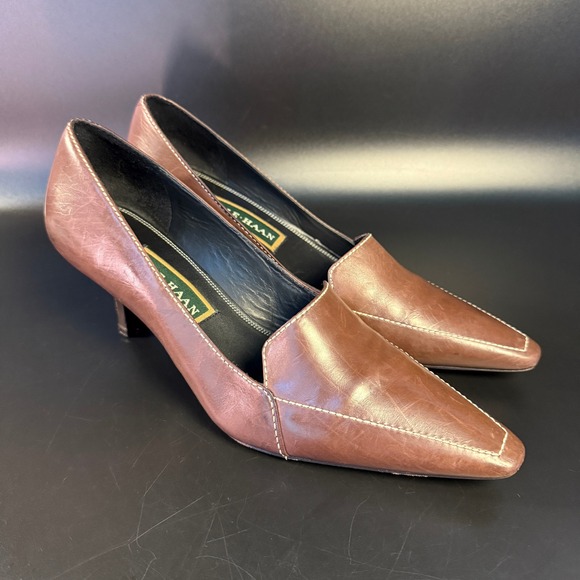 Cole Haan Brown Leather‎ Pointed Toe Kitten Heels Pumps Size 7.5B - Picture 1 of 7